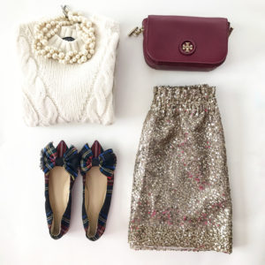 plaid bow flats sequin skirt cable knit sweater