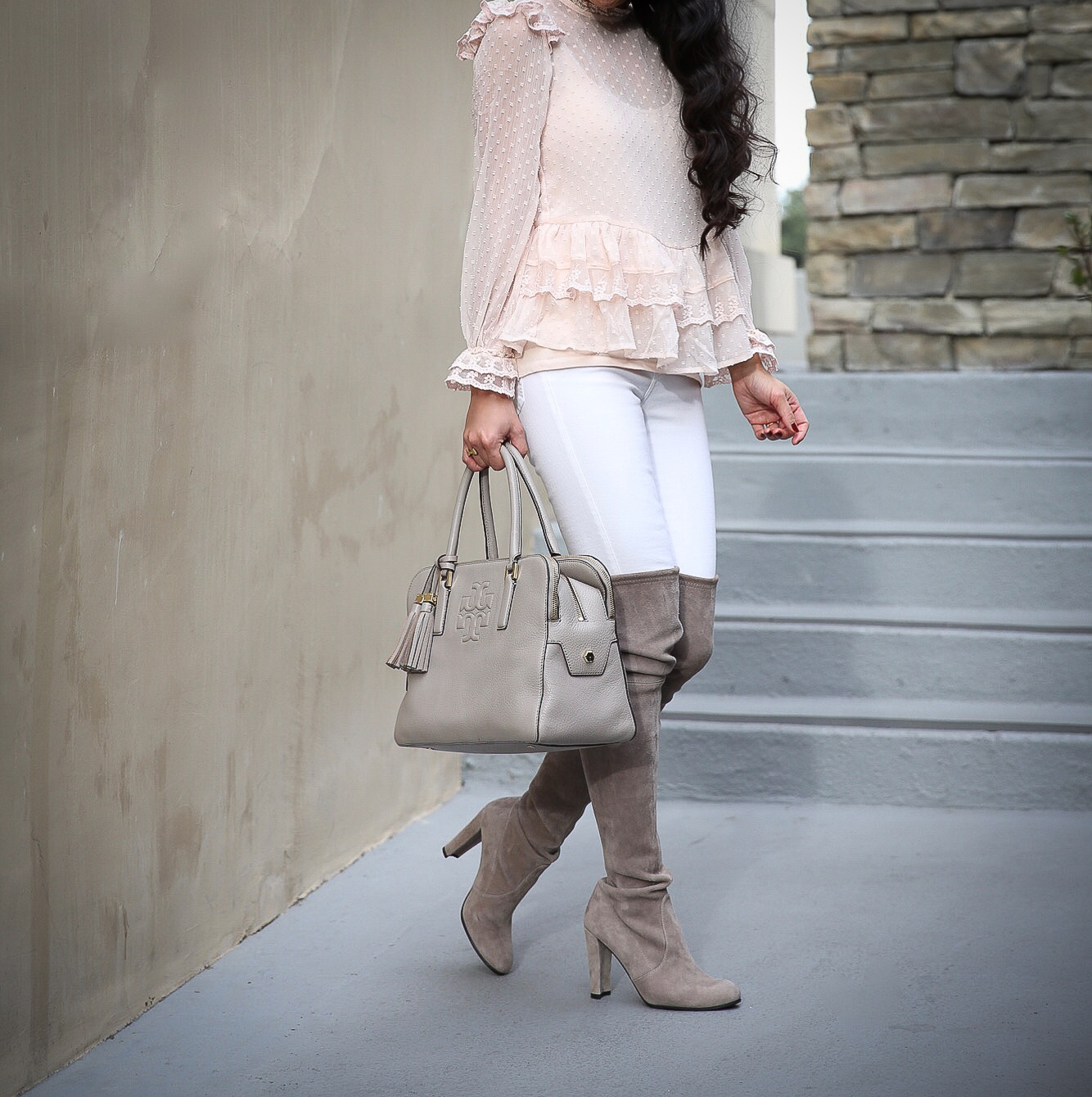 lace top white jeans gray over the knee boots fall outfit