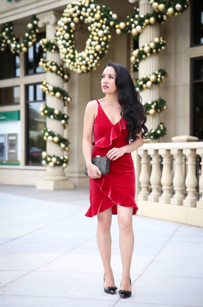 red velvet dress christmas holiday outfit idea sequin clutch