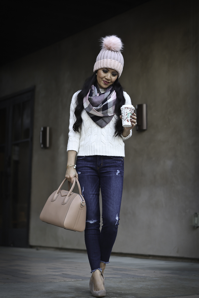 chewed hem jeans givenchy antigona pompom hat cable knit sweater fall outfit plaid scarf