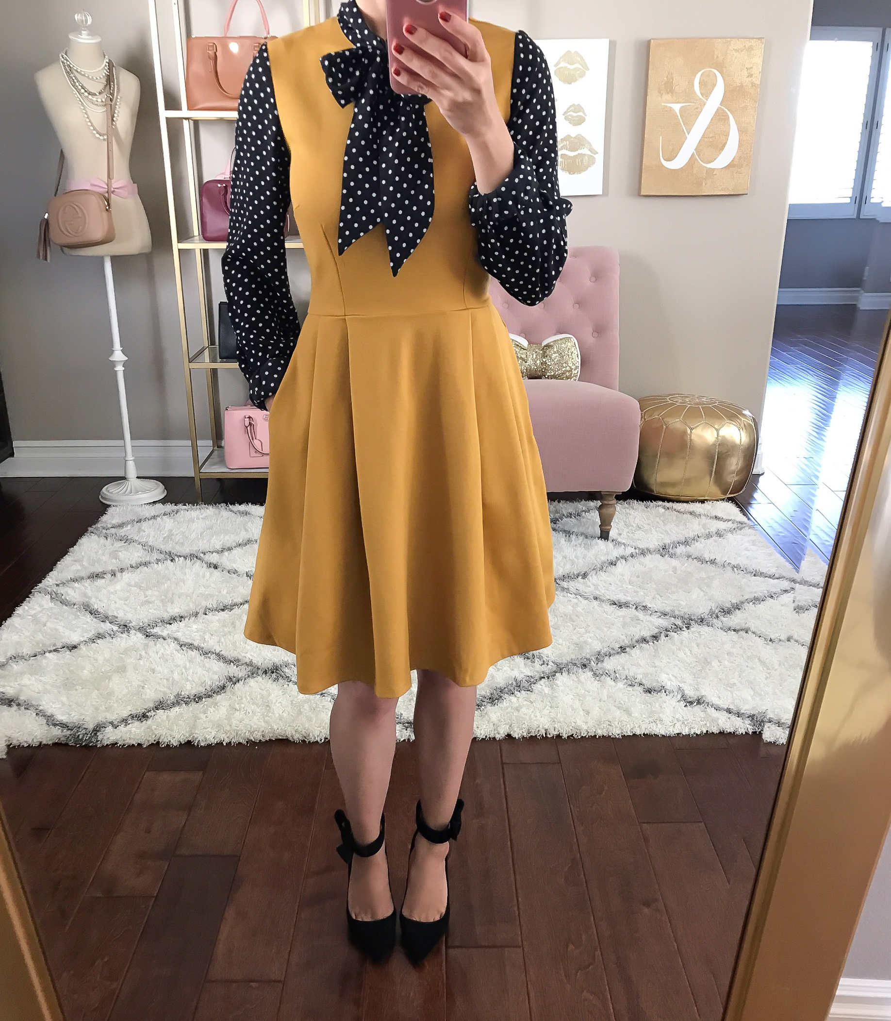 mustard dress with layered blouse work outfit idea modest clothes