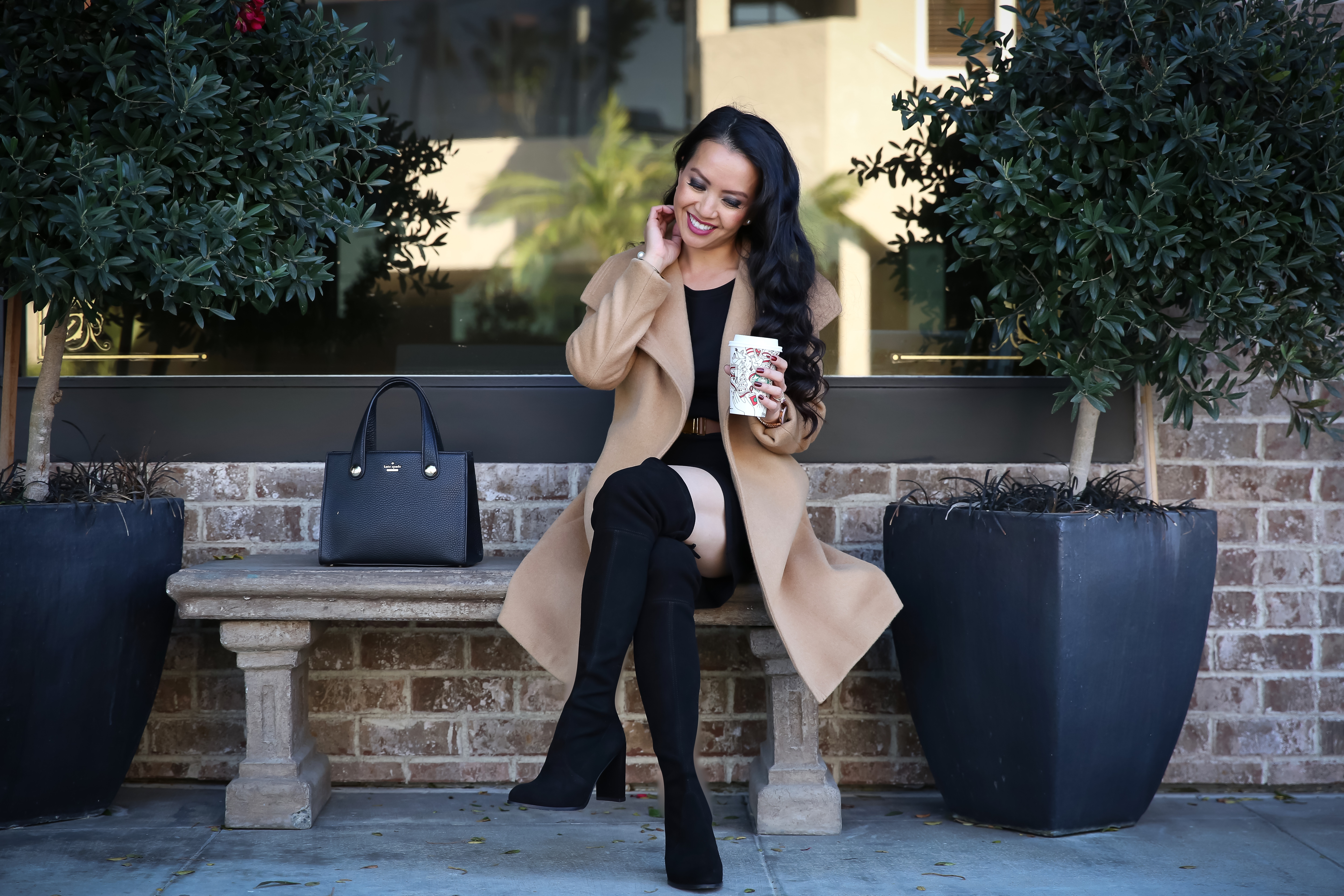 black over the knee boots camel coat winter outfit