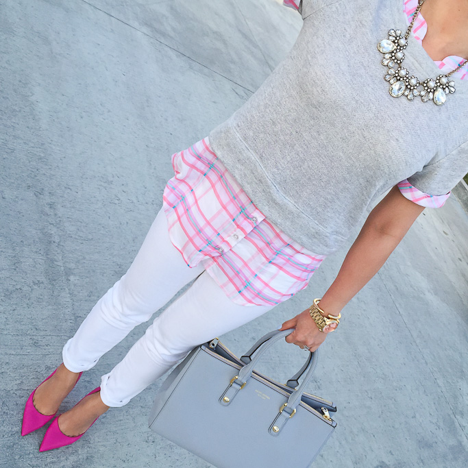 pink pumps gray handbag crystal necklace plaid layered tee casual outfit