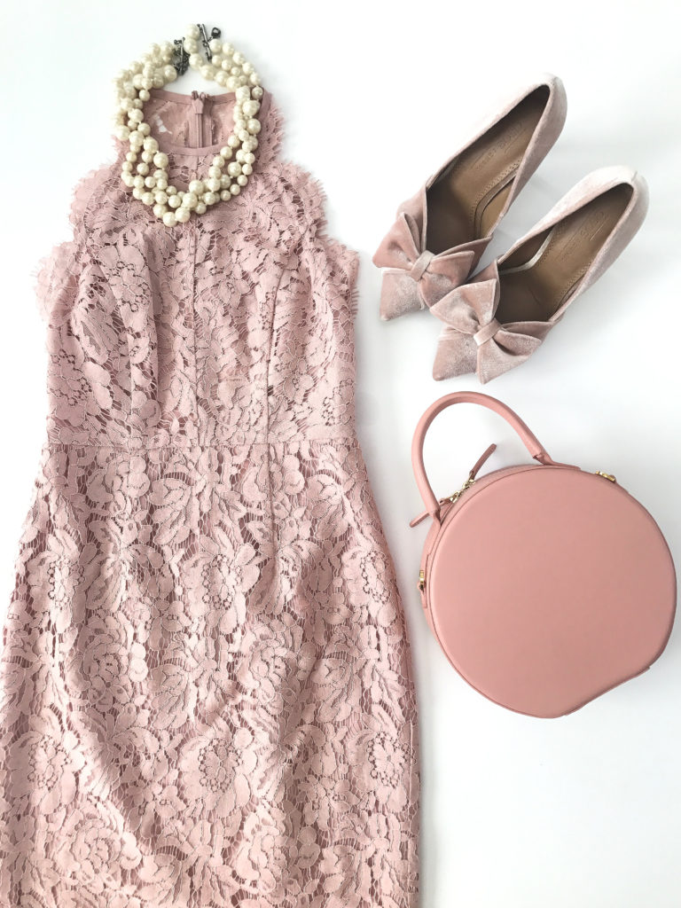 pink lace dress velvet bow pumps valentines day outfit cirlce leather bag