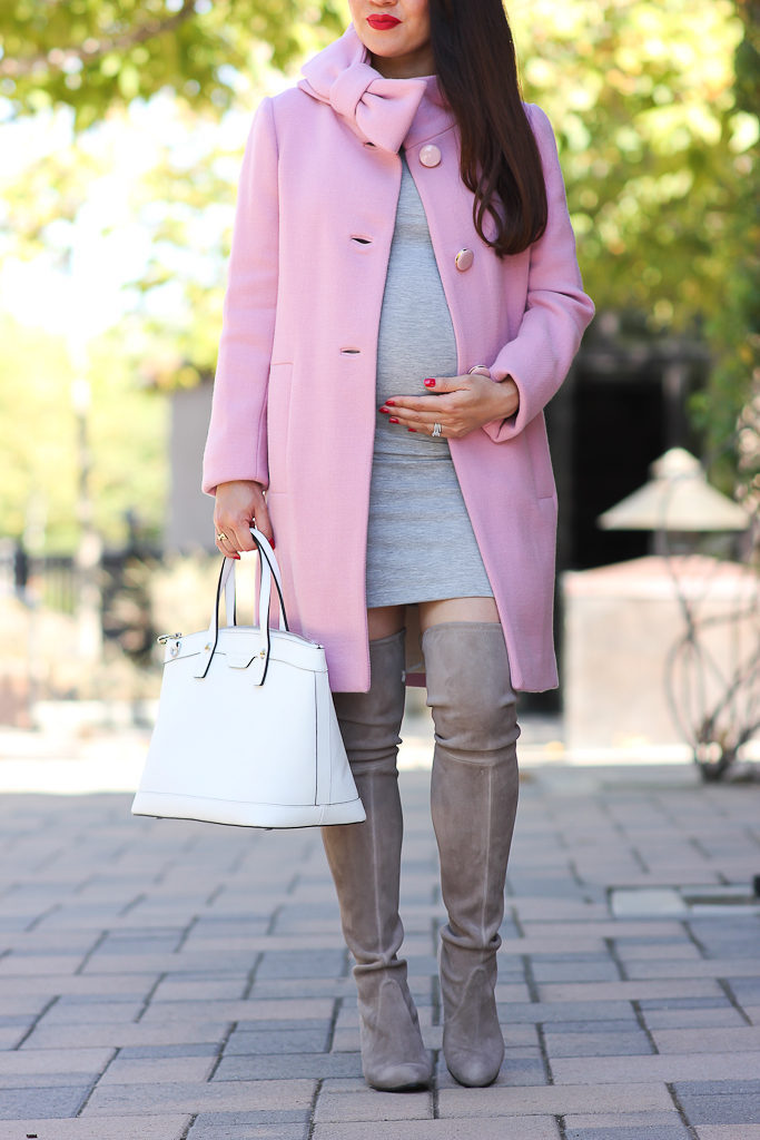 pink bow coat gray over the knee boots maternity outfit white handbag