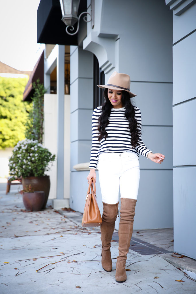 winter white casual outfit striped sweater neutral over the knee boots camel scarf