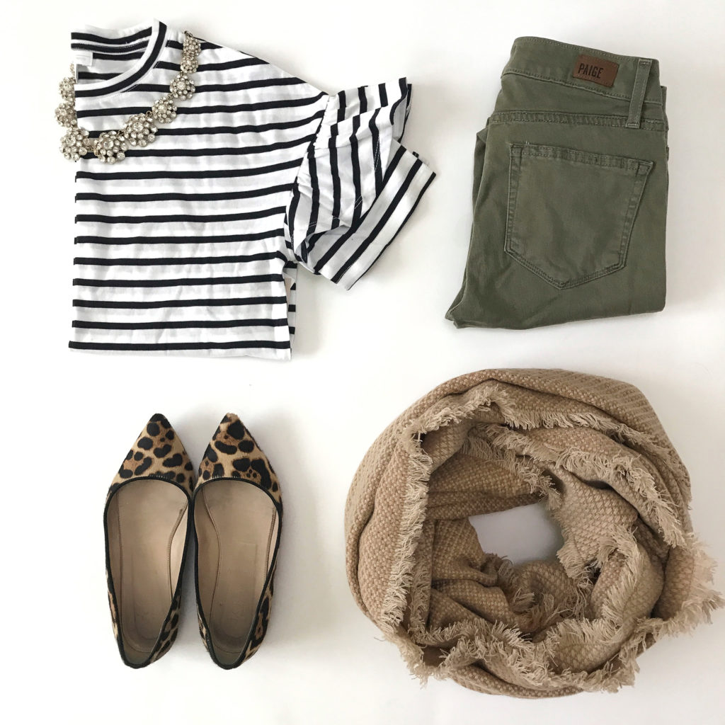 fall outfit striped tee leopard flats olive jeans camel scarf