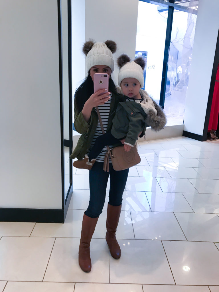mommy and me winter outfits pom pom hats utility jackets