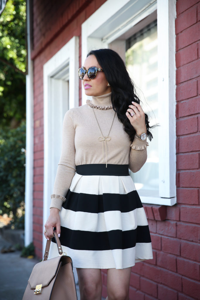 striped skirt camel sweater neutral block heel sandals work outfit idea