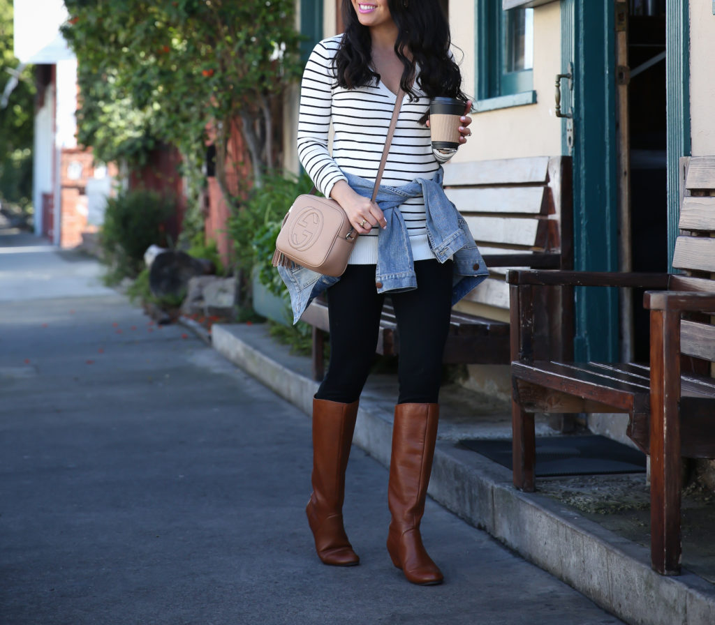 striped sweater denim jacket black pants cognac boots casual weekend outfit