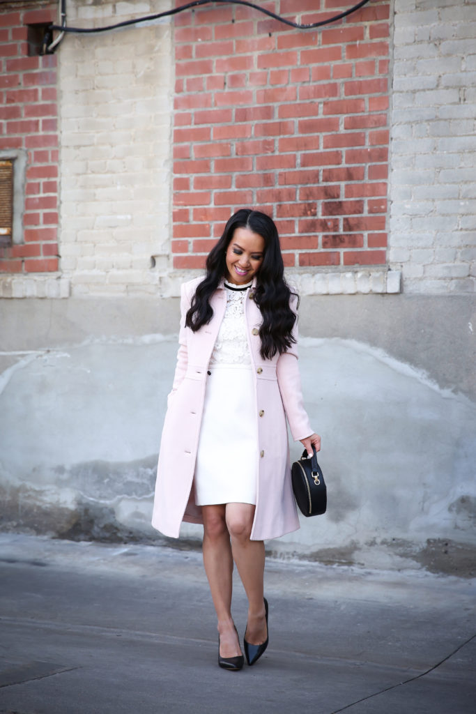 winter white work outfit lace top pink lady day coat black pumps