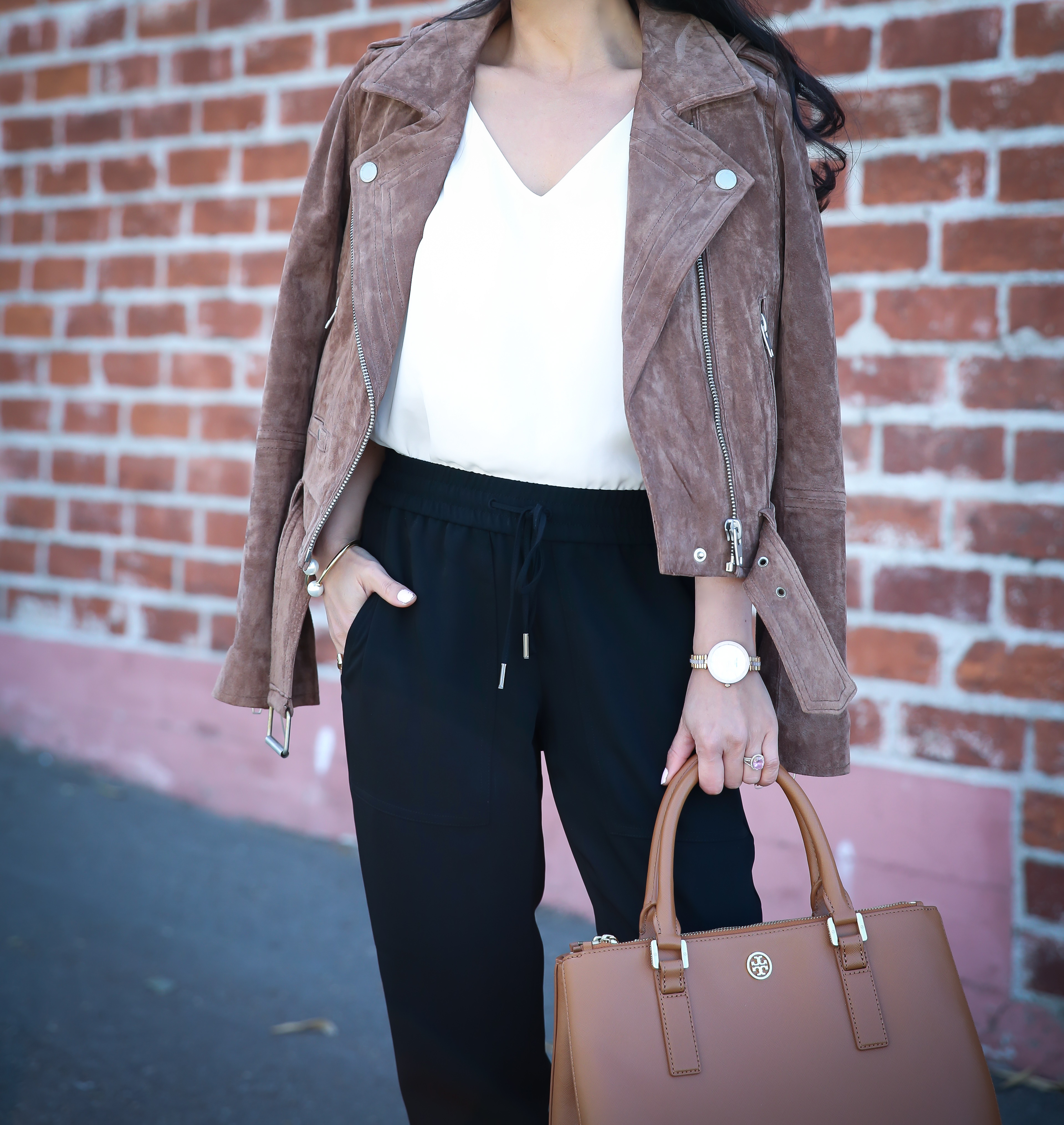 jogger pants suede moto jacket bow pumps chic work outfit