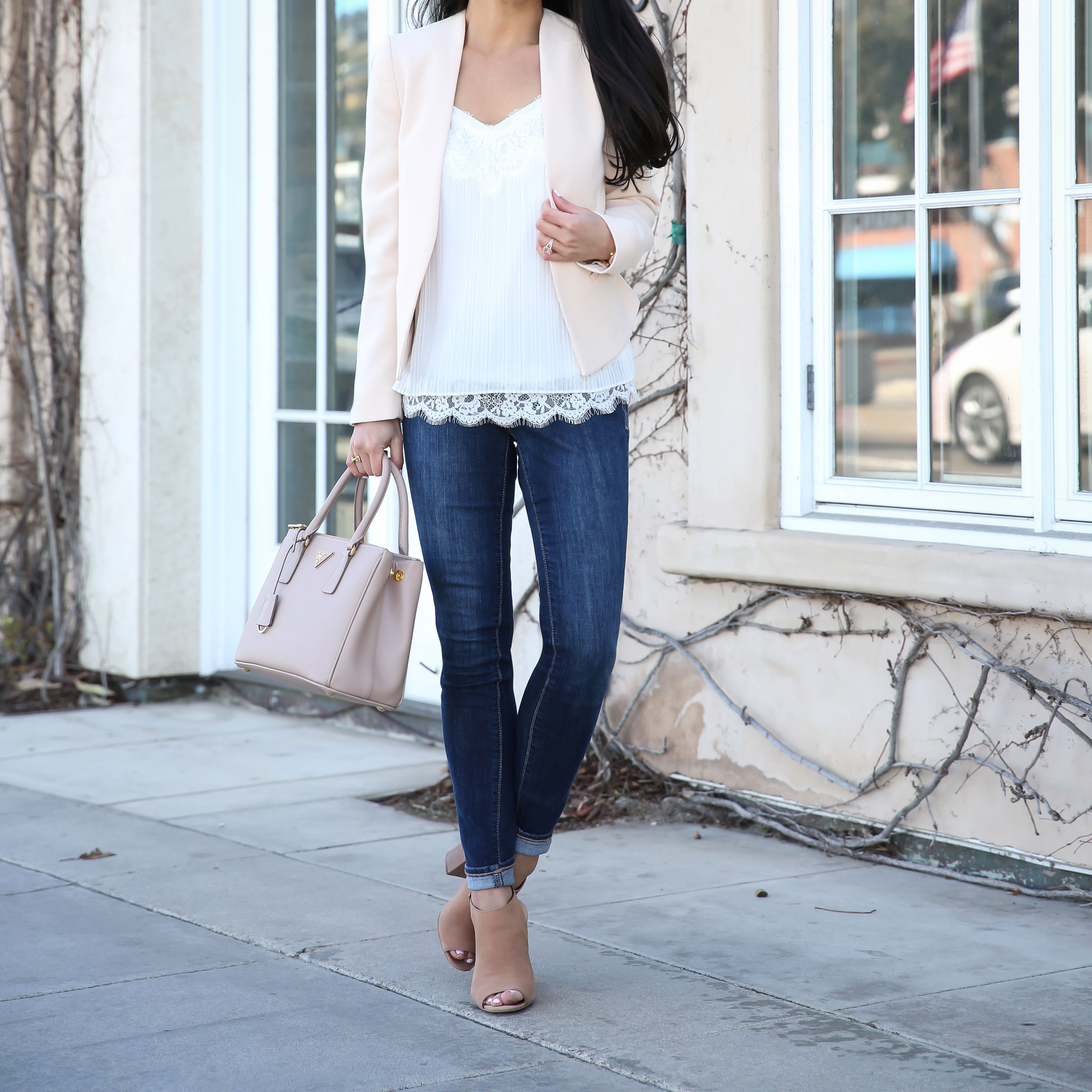pleated lace cami blush pink collarless blazer spring casual outfit