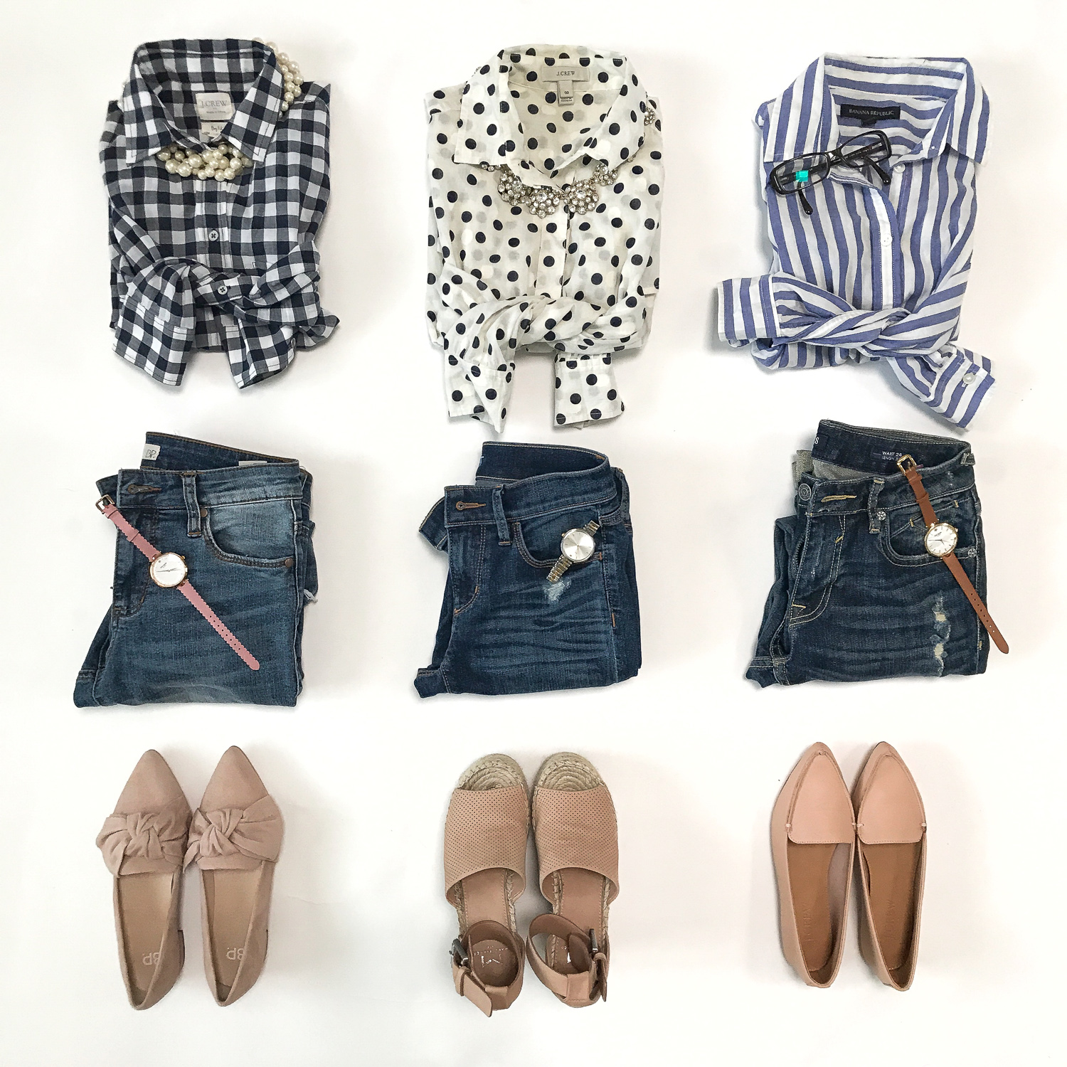 button up shirts casual denim neutral blush sandals loafers outfit ideas