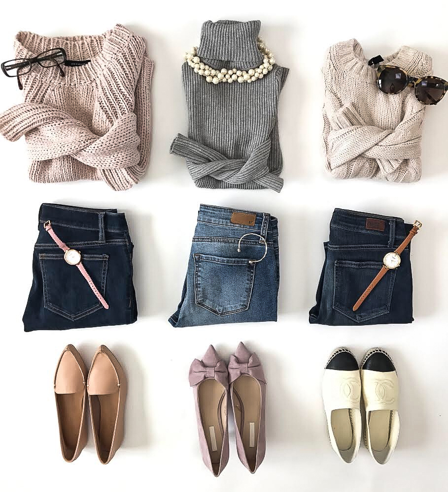 chunky knit sweaters chanel espadrilles bow pumps casual spring outfit ideas
