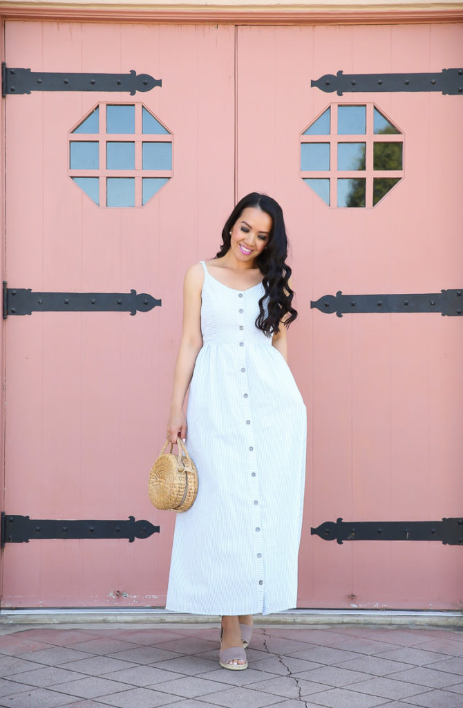 Seersucker Maxi Dress for Petites, Scalloped Fit and Flare | Stylish Petite