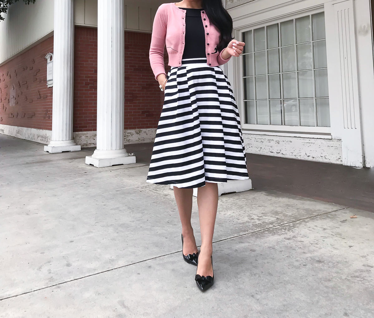 striped midi skirt black off the shoulder top pink cat cardigan
