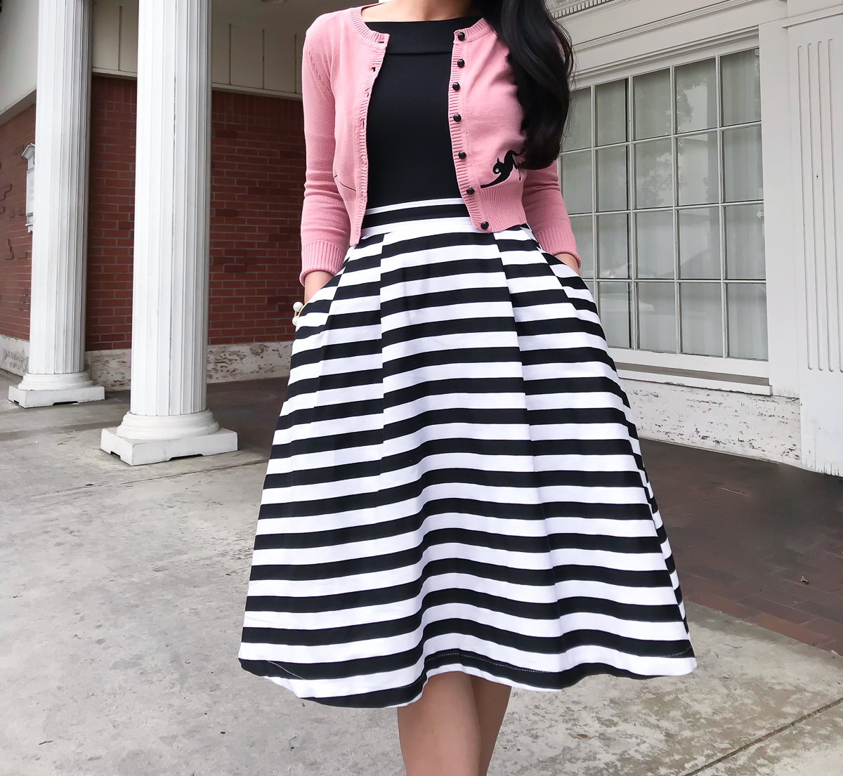 striped midi skirt black off the shoulder top pink cat cardigan modest work outfit