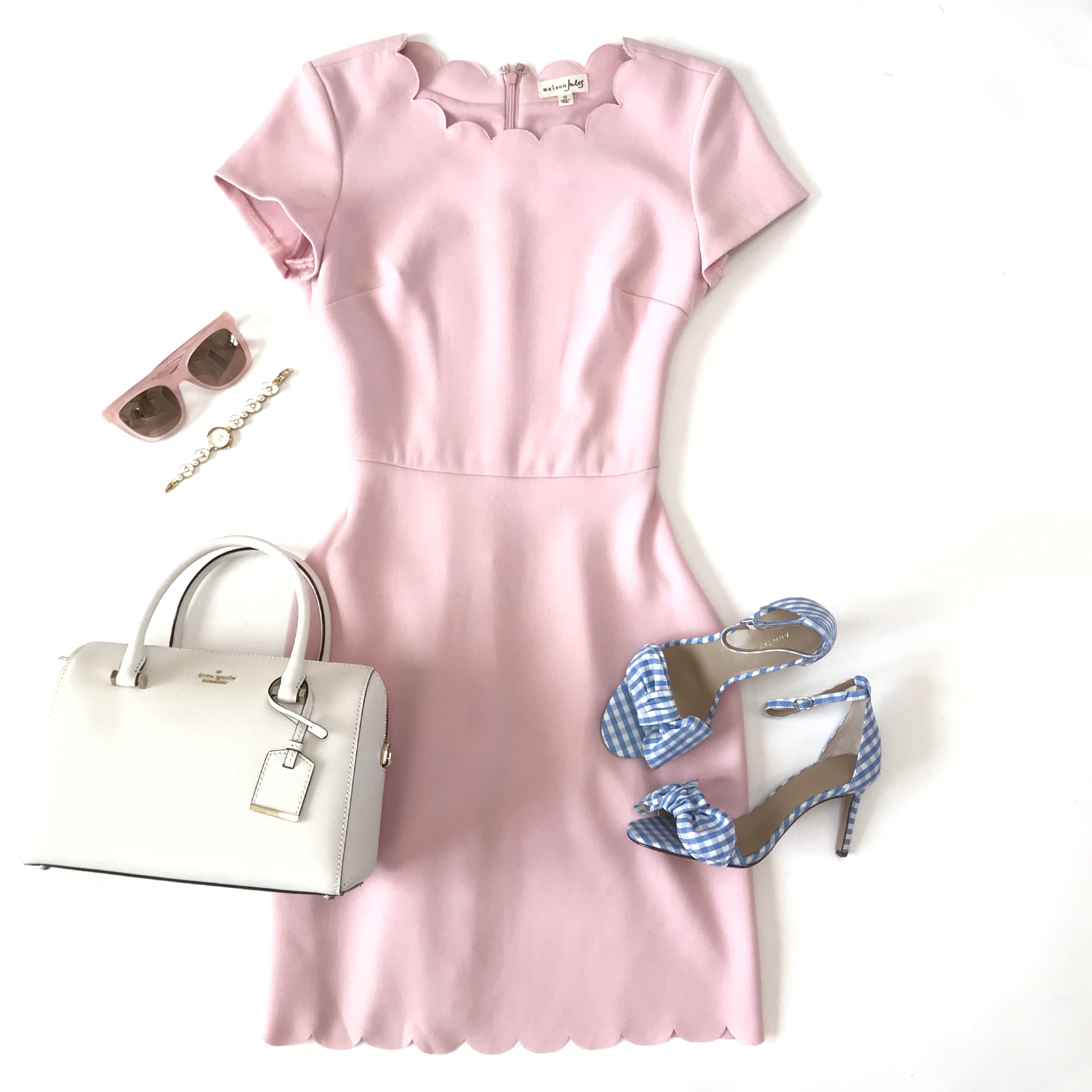 pink scalloped sheath dress gingham bow heels easter outfit