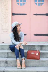 cognac purse gray shirt distressed denim cognac espadrille sandals spring casual outfit