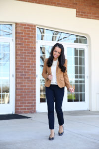 navy sloan pants camel blazer gingham shirt work outfit navy bow pumps