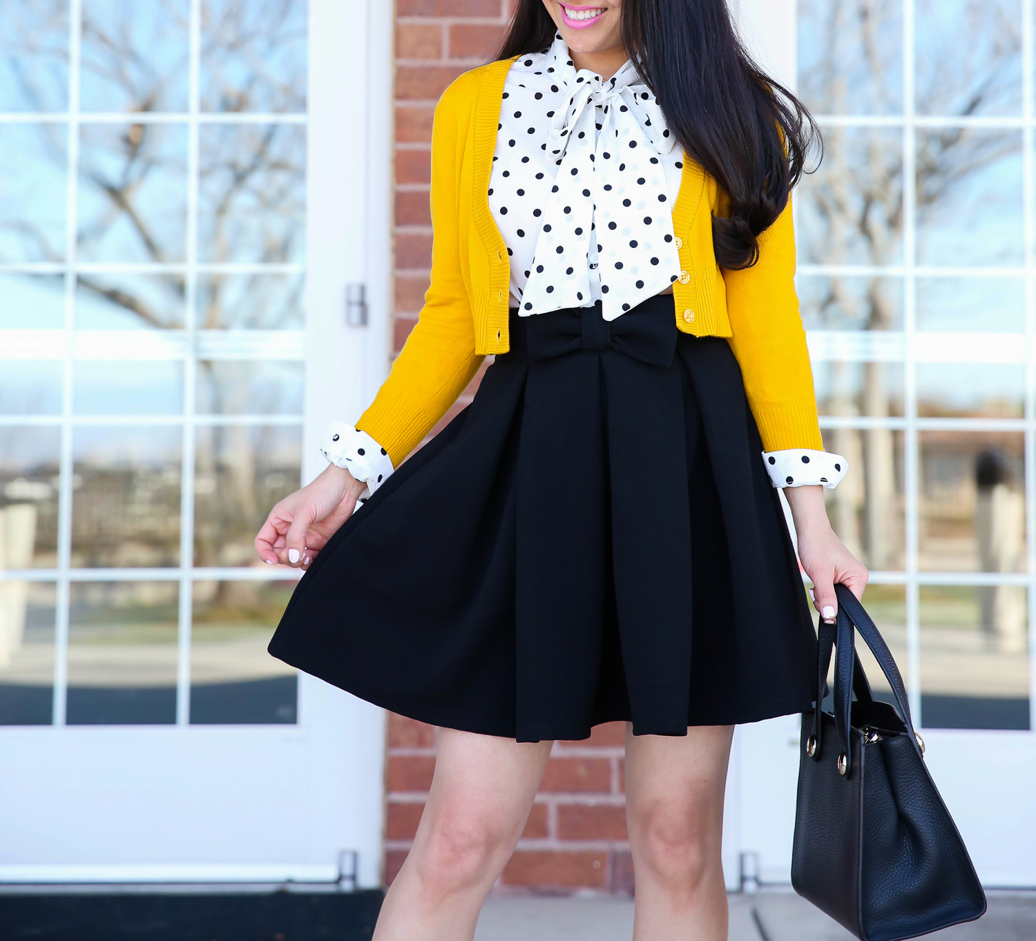 pleated bow skirt polka dot tie neck blouse cropped cardigan bow pumps