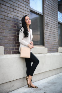 black ponte pants casual work outfit leopard flats