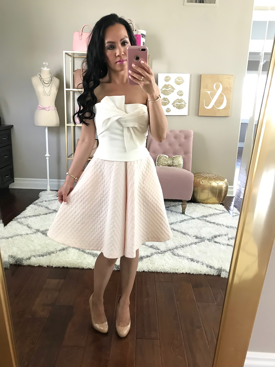 bow top spring wedding outfit idea blush pink circle skirt