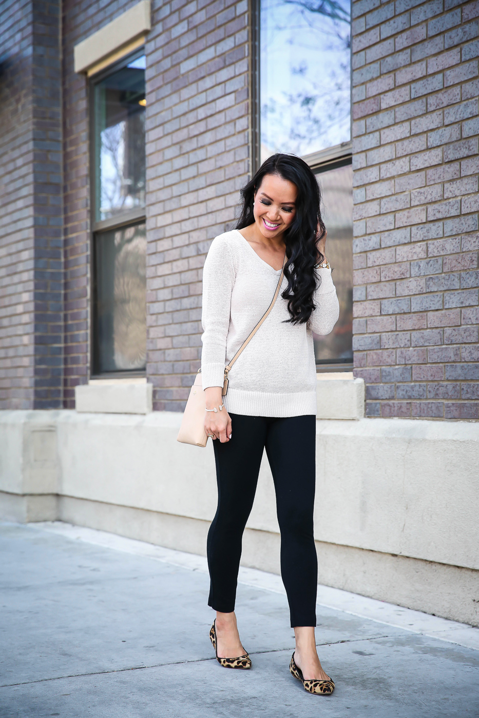 ponte leggings leopard flats neutral sweater casual outfit