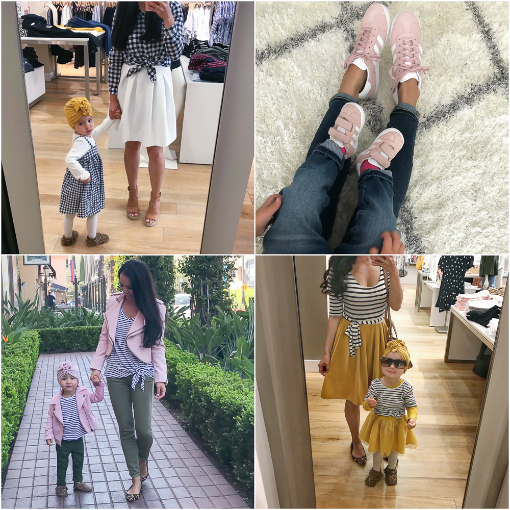 Mommy and me outfit ideas matching pink sneakers olive jeans gingham dress
