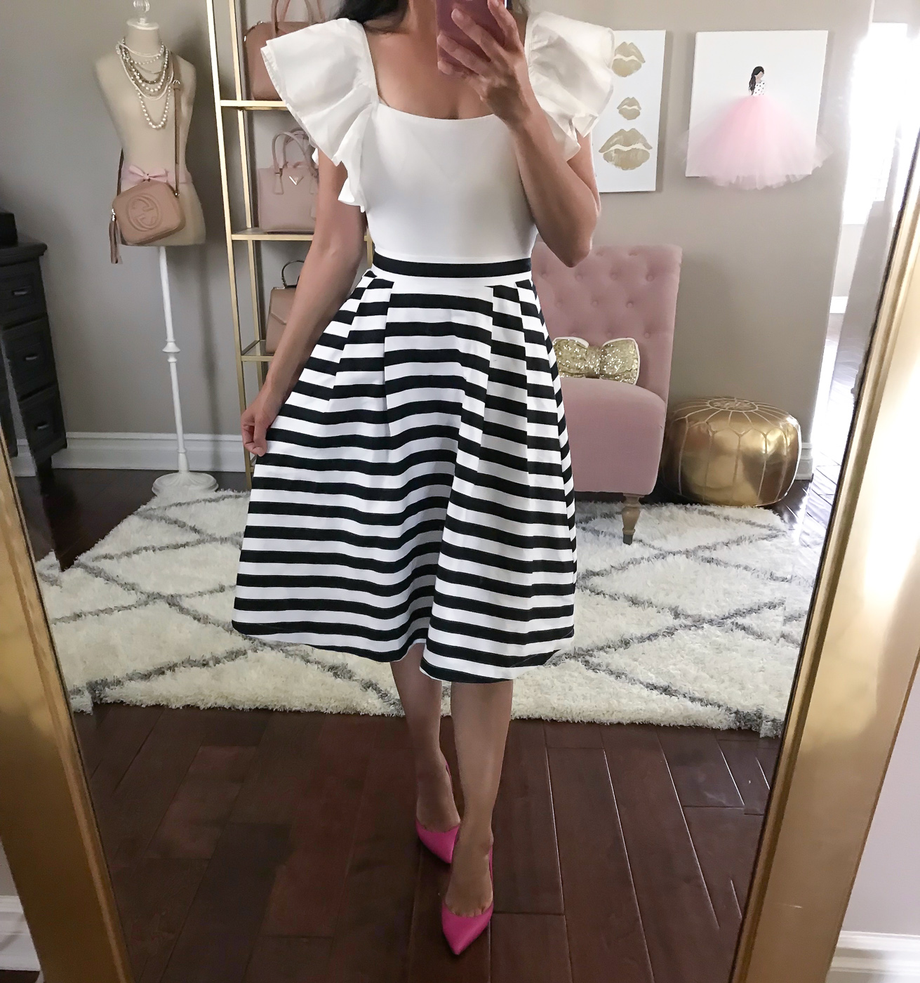 ruffle sleeve bodysuit striped midi skirt pink pumps