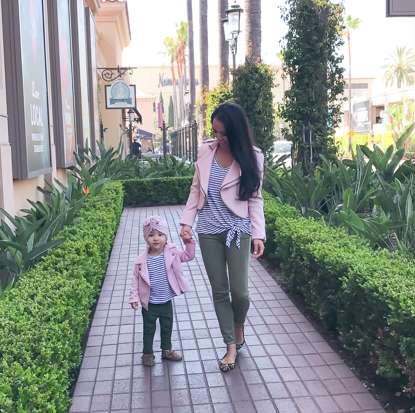 mommy and milan striped shirt olive jeans pink moto jacket