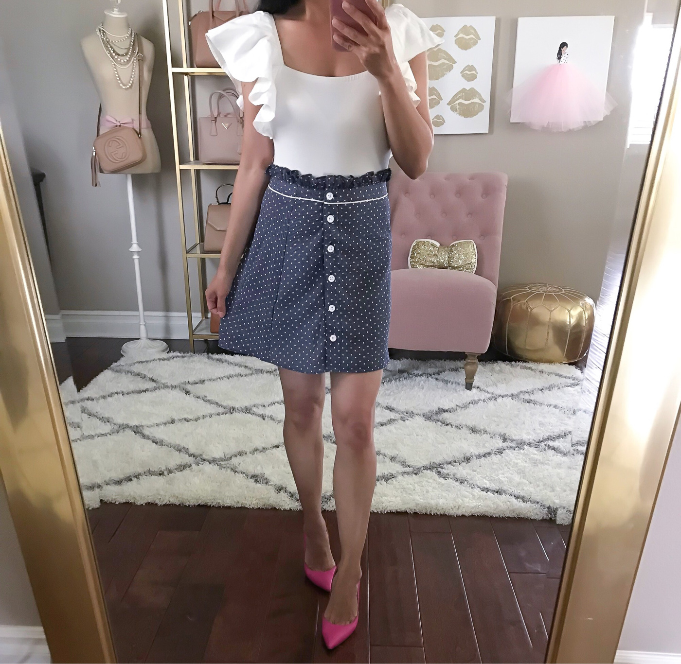 ruffle sleeve bodysuit polka dot mini skirt pink pumps spring outfit