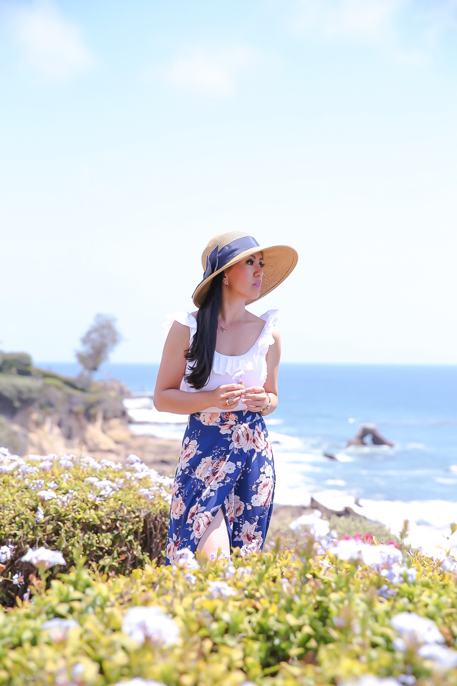 floral maxi skirt ruffle one piece swimsuit bow hat