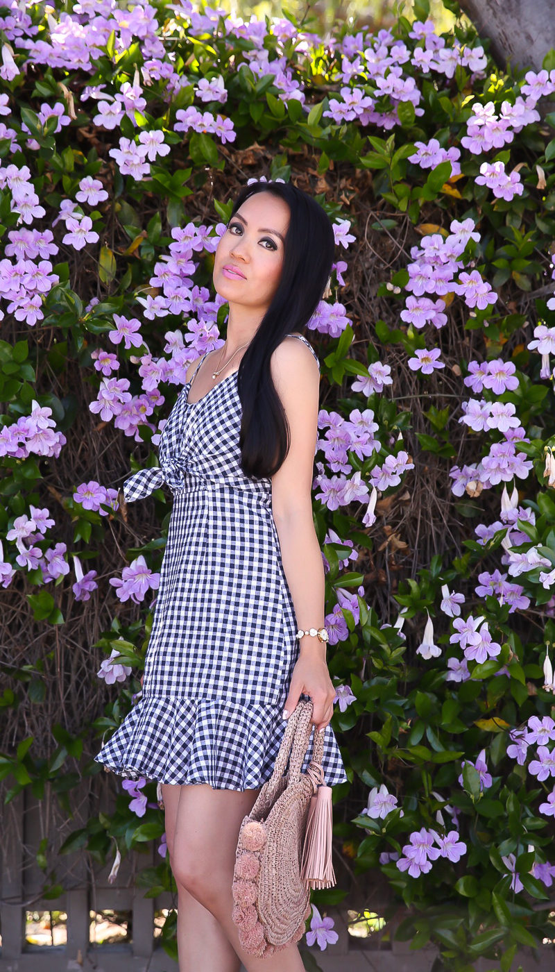 gingham knot ruffle hem dress
