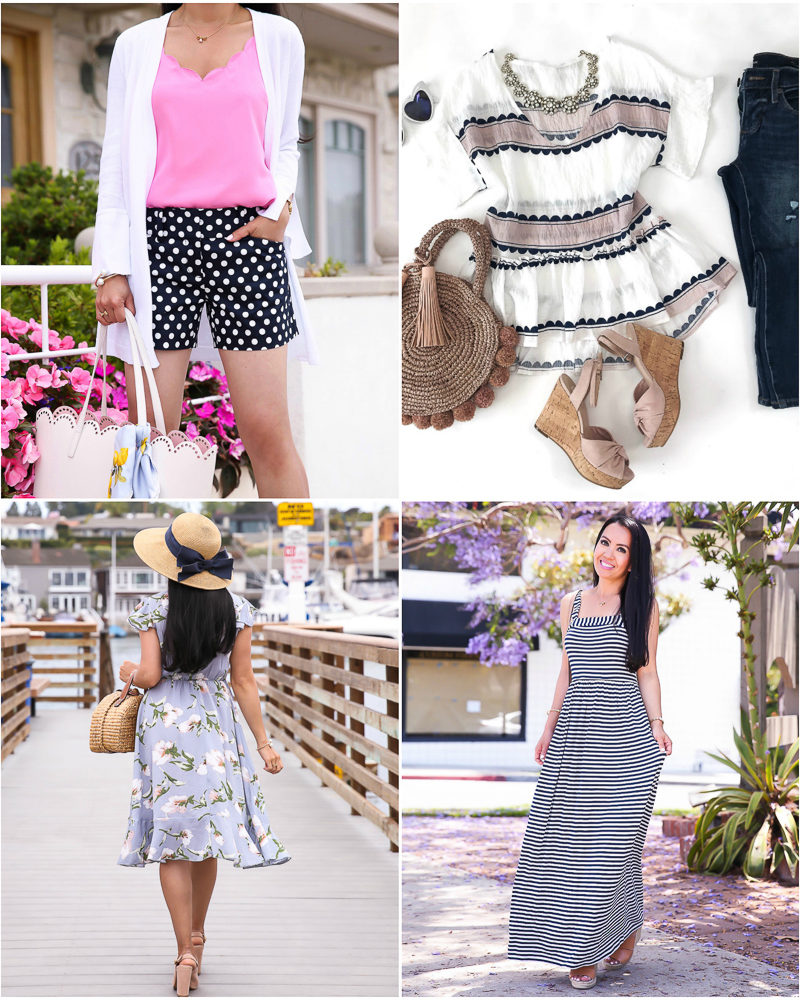 summer outfit ideas floral dress polka dot shorts striped maxi dress