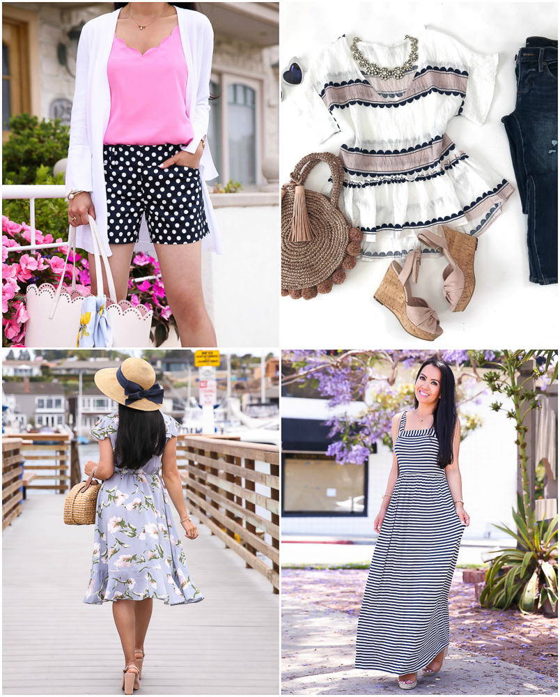 summer outfit ideas floral dress polka dot shorts striped maxi dress