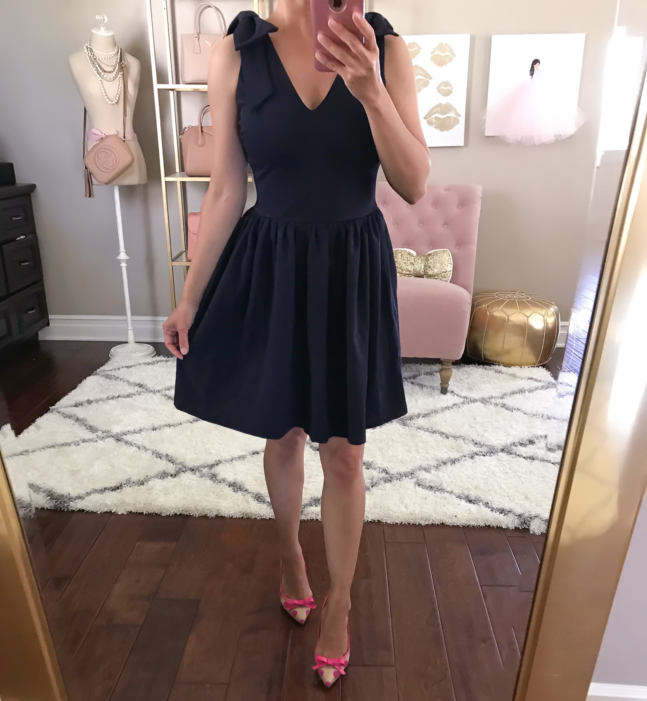 aqua bow detail fit and flare dress navy pink bow pumps