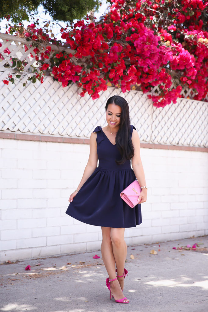Navy Bows Cami Flounce Dress w/Built in Shelf Bra