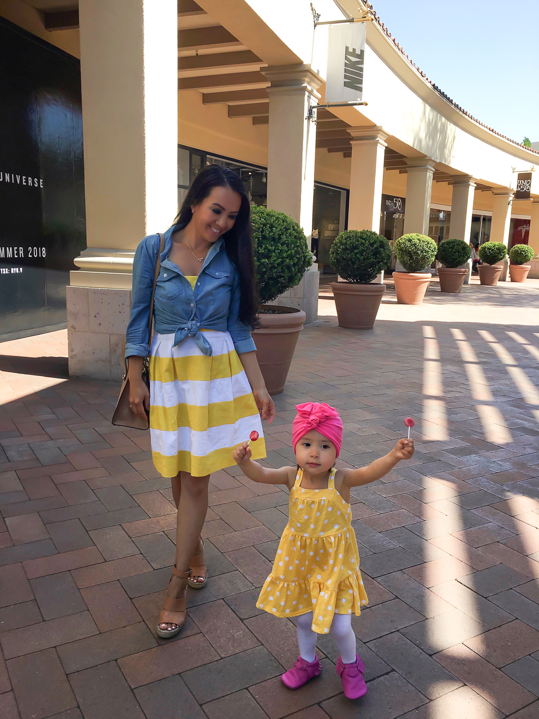 yellow polka dot dress chambray shirt striped skirt mommy and me