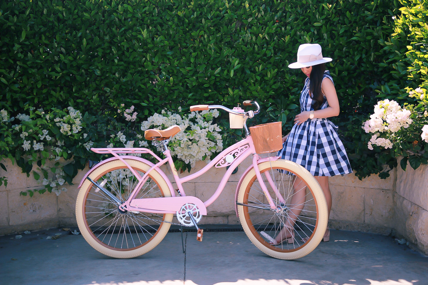 pink cruiser bike gingham dress summer outfit