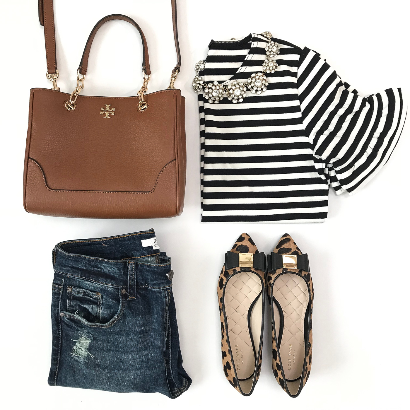 striped ruffle tee leopard bow flats cognac tote tory burch fall casual outfit