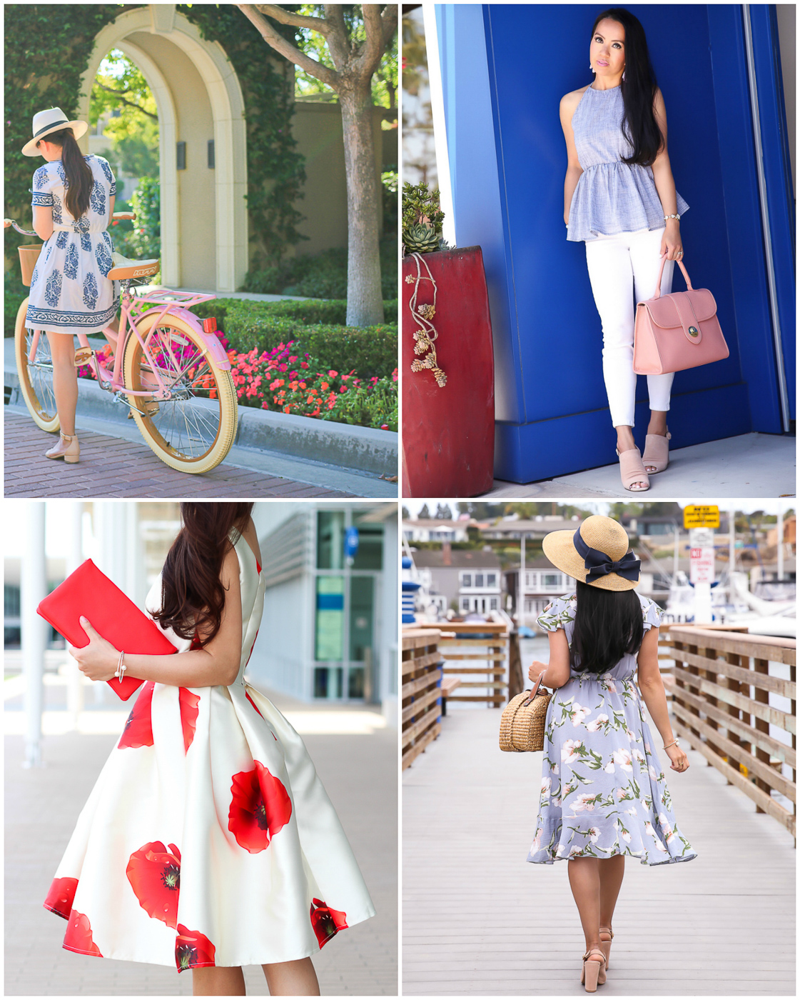 summer outfit ideas chambray peplum floral ruffle dress bow hat poppy dress