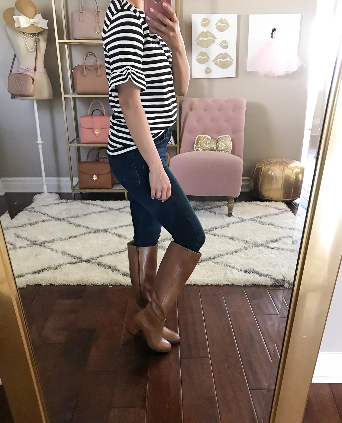 petite friendly boots review camel boots fall outfit striped ruffle sleeve tee
