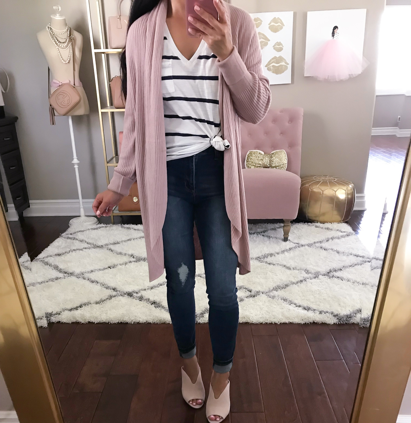 pink long cardigan striped pocket tee blush pink mules casual outfit