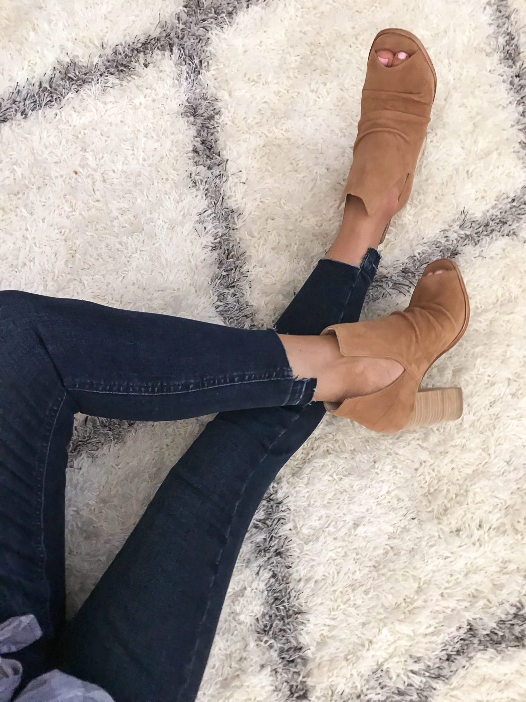 split shaft camel suede booties step hem jeans fall outfit