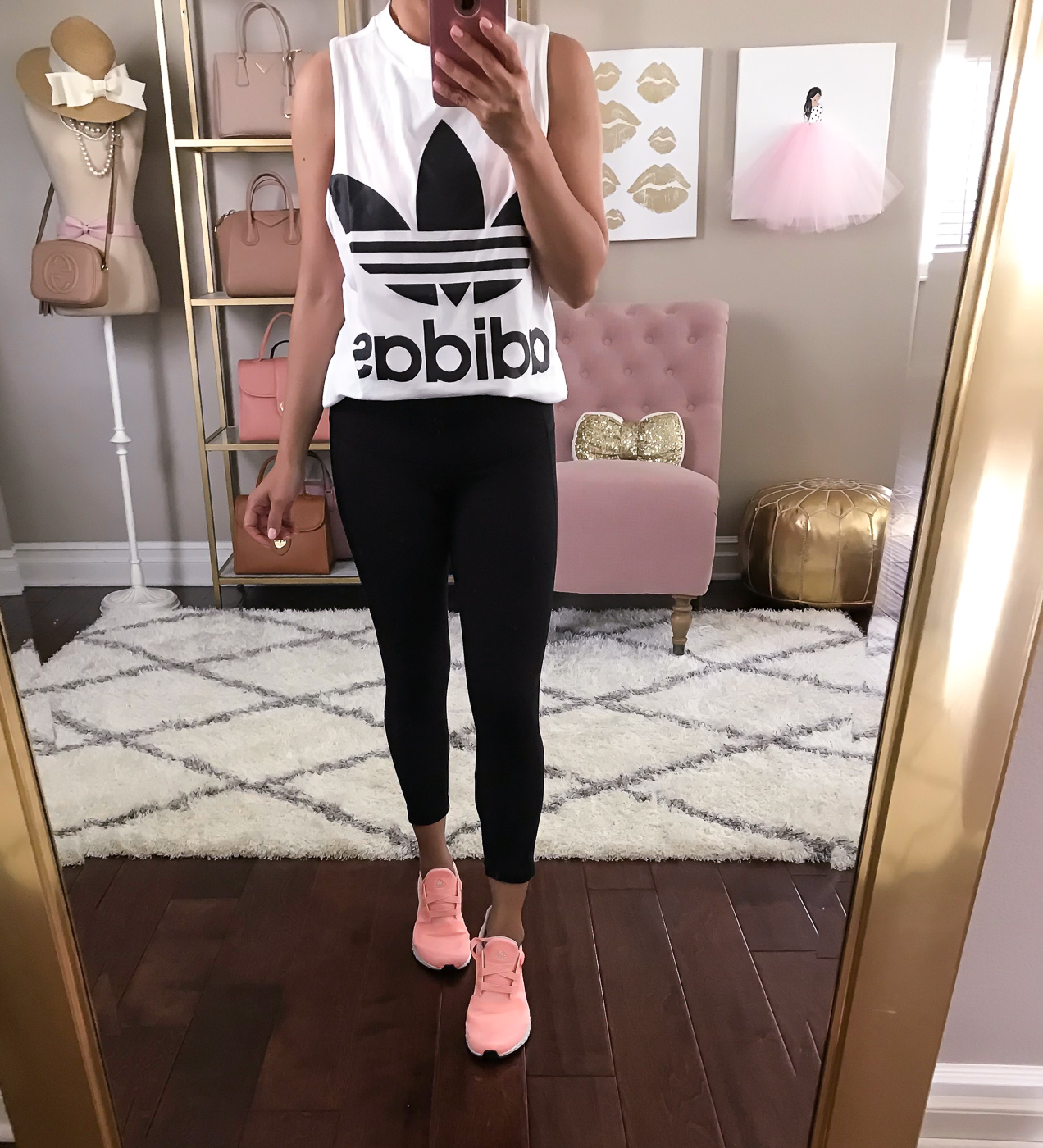 athleisure outfit yoga pants adidas trefoil tank pink sneakers