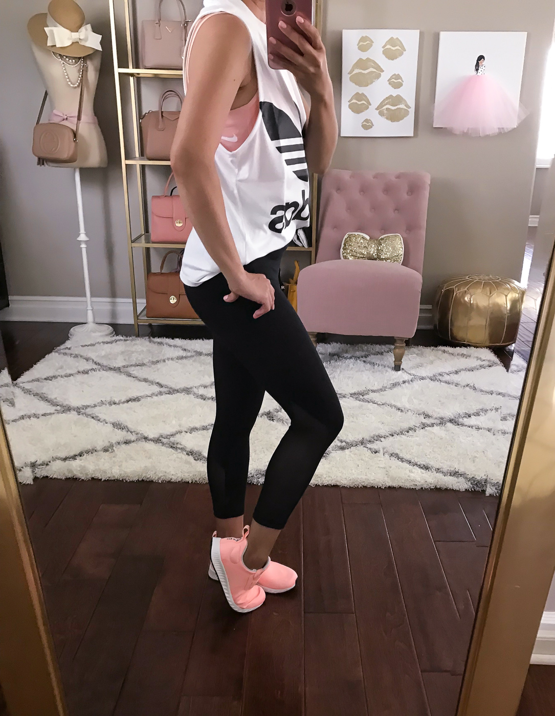 athleisure outfit yoga pants cropped leggings adidas top