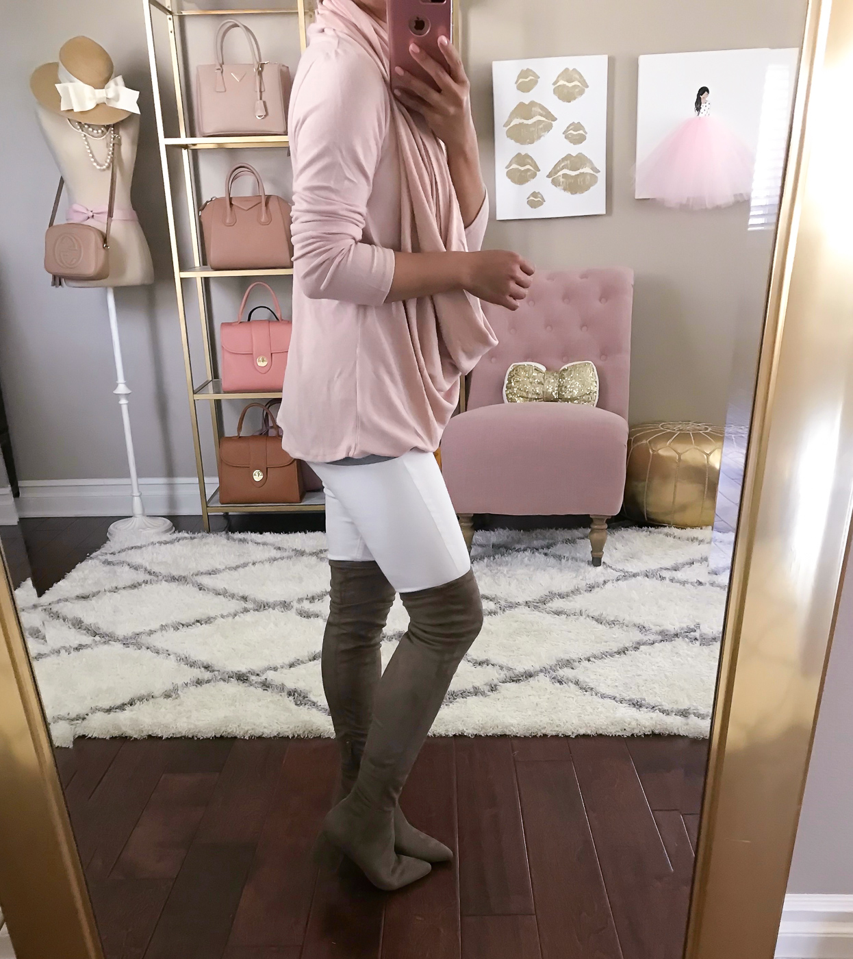 petite friendly over the knee boots white jeans pink cardigan