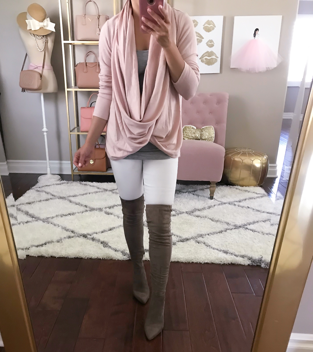 white jeans petite friendly OTK over the knee boots pink wrap cardigan